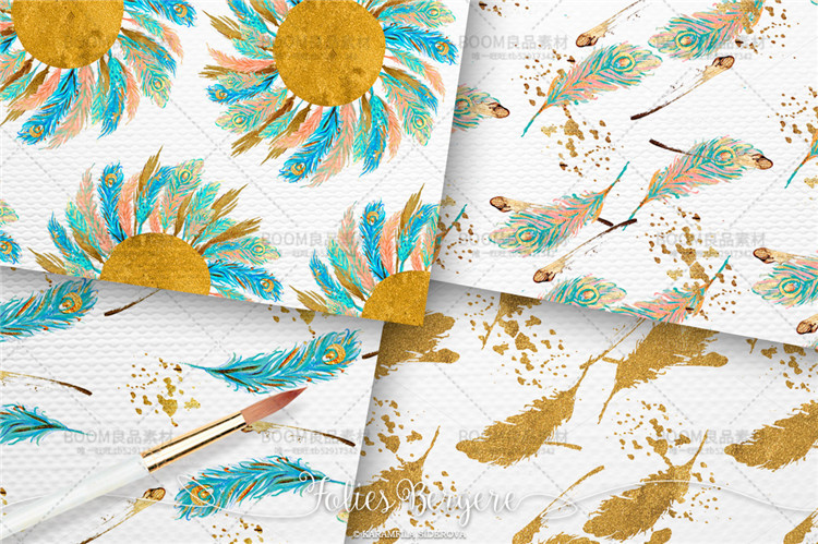 图片[2]-唯美水彩风手绘孔雀羽毛花环墨迹婚礼请柬海报元素PNG免扣PS素材-设计猿