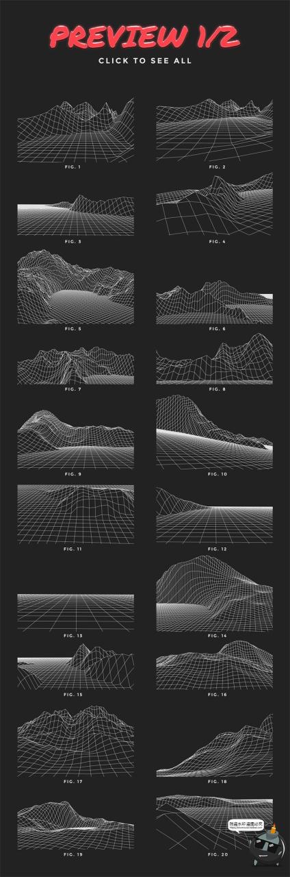 图片[2]-蒸汽波赛博朋克抽象山峰未来科幻山脉网格纹理背景AI矢量PNG素材-设计猿