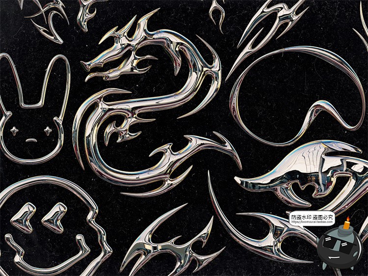 图片[2]-复古金属镀铬酸性故障街头摇滚时尚荆棘潮牌图案PNG免抠图片素材-设计猿