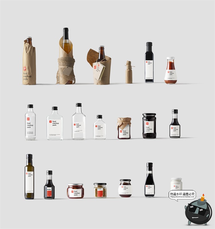 图片[1]-透明玻璃啤酒红酒香槟调味罐酒瓶酒标包装贴图样机PSD模板PS素材-设计猿