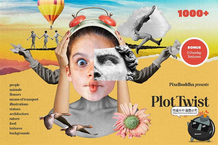 图片[1]-复古波普蒸汽波拼接剪贴画人物建筑植物撕纸笔迹抽象PNG免抠素材-设计猿