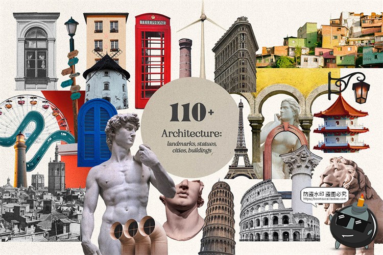 图片[16]-复古波普蒸汽波拼接剪贴画人物建筑植物撕纸笔迹抽象PNG免抠素材-设计猿