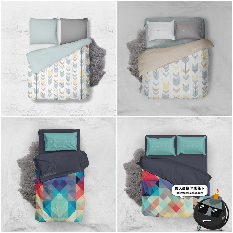 图片[1]-床上用品布艺床单枕头印花图案效果图贴图房间样机PSD模板PS素材-设计猿