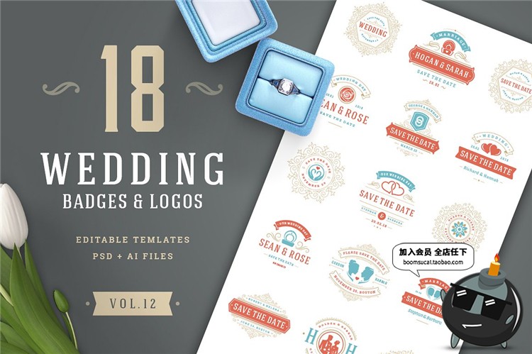 图片[1]-唯美复古风格婚礼品牌LOGO徽章图标标志AI矢量PSD模板设计素材-设计猿