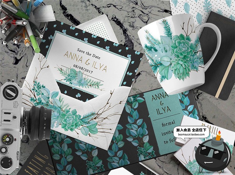 图片[3]-时尚唯美森系绿色水彩植物婚礼会场邀请函设计素材元素PSD模板-设计猿