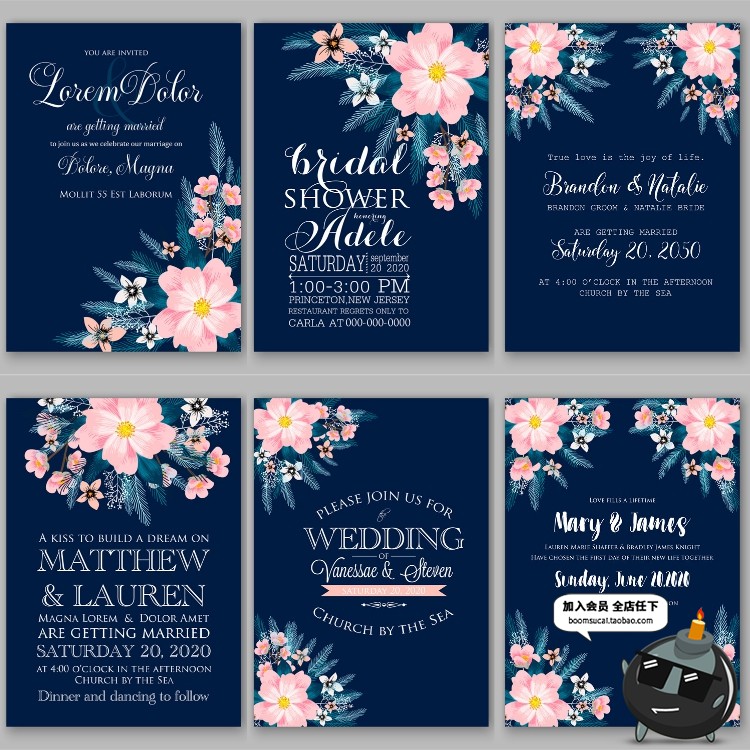 图片[1]-文艺森系深蓝花卉植物婚礼邀请函请柬卡片海报模板AI矢量设计素材-设计猿