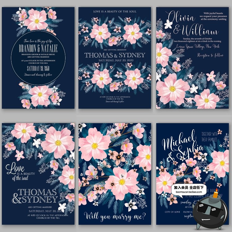 图片[2]-文艺森系深蓝花卉植物婚礼邀请函请柬卡片海报模板AI矢量设计素材-设计猿