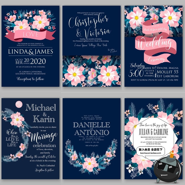 图片[3]-文艺森系深蓝花卉植物婚礼邀请函请柬卡片海报模板AI矢量设计素材-设计猿