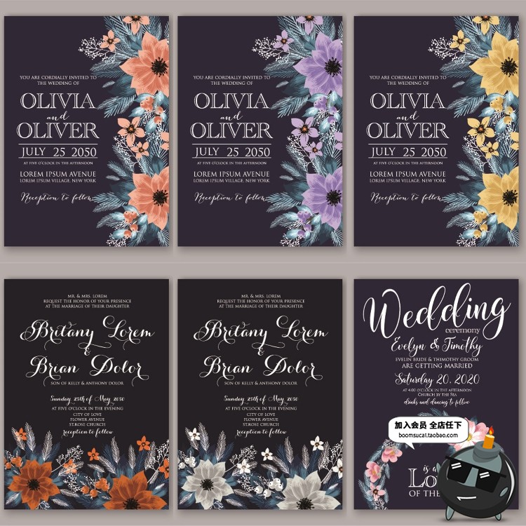 图片[4]-文艺森系深蓝花卉植物婚礼邀请函请柬卡片海报模板AI矢量设计素材-设计猿