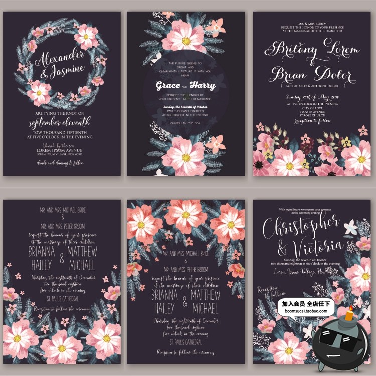 图片[5]-文艺森系深蓝花卉植物婚礼邀请函请柬卡片海报模板AI矢量设计素材-设计猿