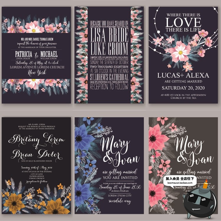 图片[6]-文艺森系深蓝花卉植物婚礼邀请函请柬卡片海报模板AI矢量设计素材-设计猿