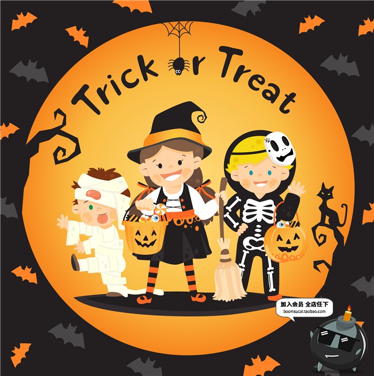 图片[1]-Q版卡通可爱万圣节儿童南瓜魔鬼卡片图案海报元素背景AI矢量素材-设计猿