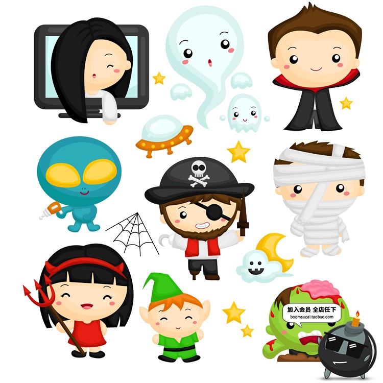 图片[6]-Q版卡通可爱万圣节儿童南瓜魔鬼卡片图案海报元素背景AI矢量素材-设计猿