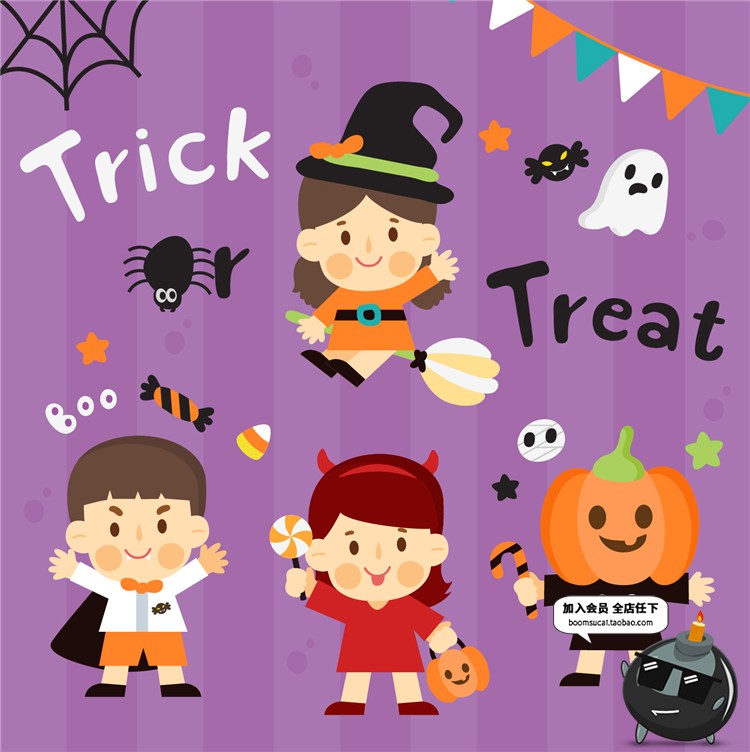 图片[14]-Q版卡通可爱万圣节儿童南瓜魔鬼卡片图案海报元素背景AI矢量素材-设计猿
