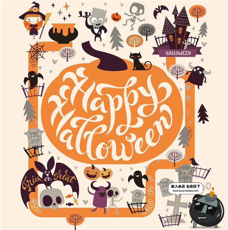 图片[15]-Q版卡通可爱万圣节儿童南瓜魔鬼卡片图案海报元素背景AI矢量素材-设计猿