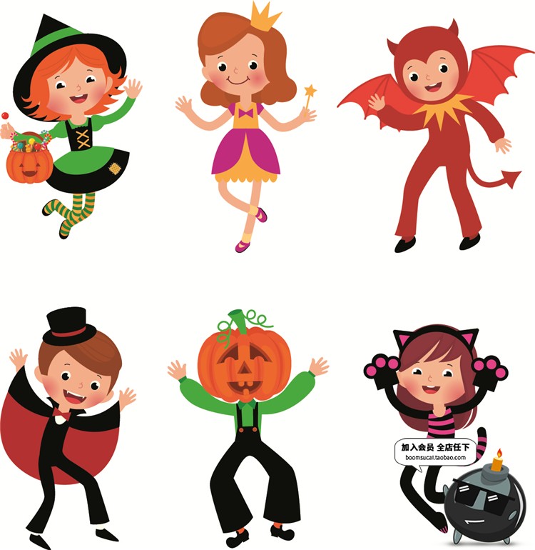 图片[17]-Q版卡通可爱万圣节儿童南瓜魔鬼卡片图案海报元素背景AI矢量素材-设计猿