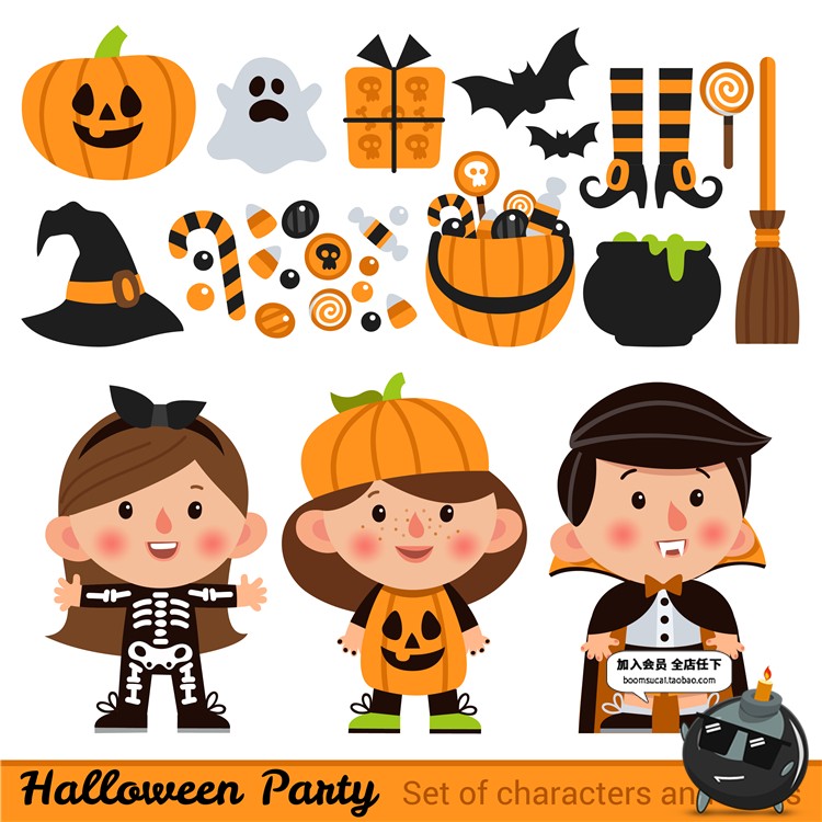 图片[19]-Q版卡通可爱万圣节儿童南瓜魔鬼卡片图案海报元素背景AI矢量素材-设计猿