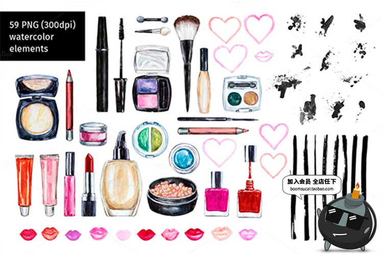 图片[1]-时尚手绘水彩化妆彩妆刷子口红眼影香水背景PNG免扣设计PSD素材-设计猿