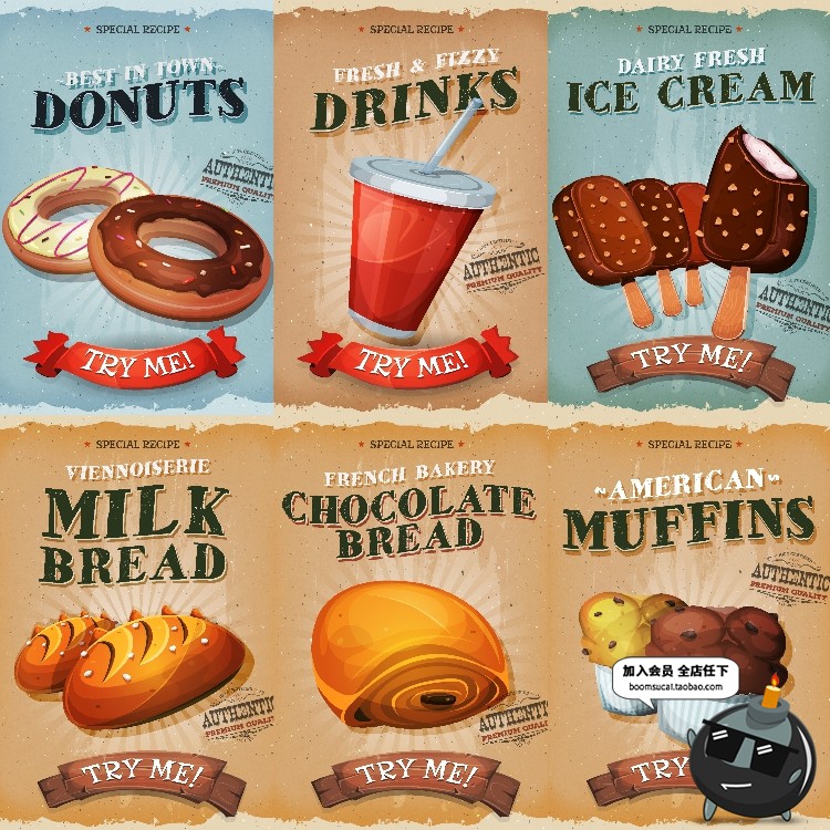 图片[2]-欧美复古老式快餐食物三明治曲奇面包插画撕纸海报AI矢量设计素材-设计猿