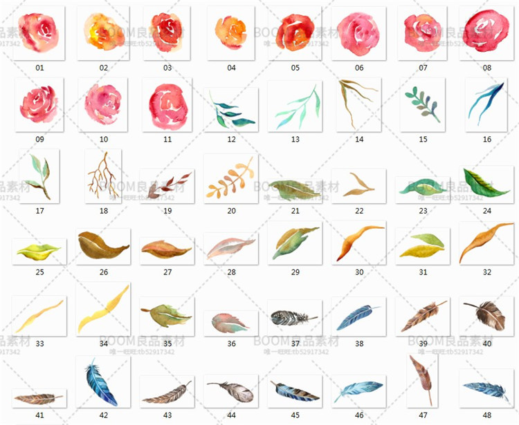 图片[2]-唯美手绘水彩花朵羽毛部落元素邀请卡片印刷图案PNG免抠PS素材-设计猿