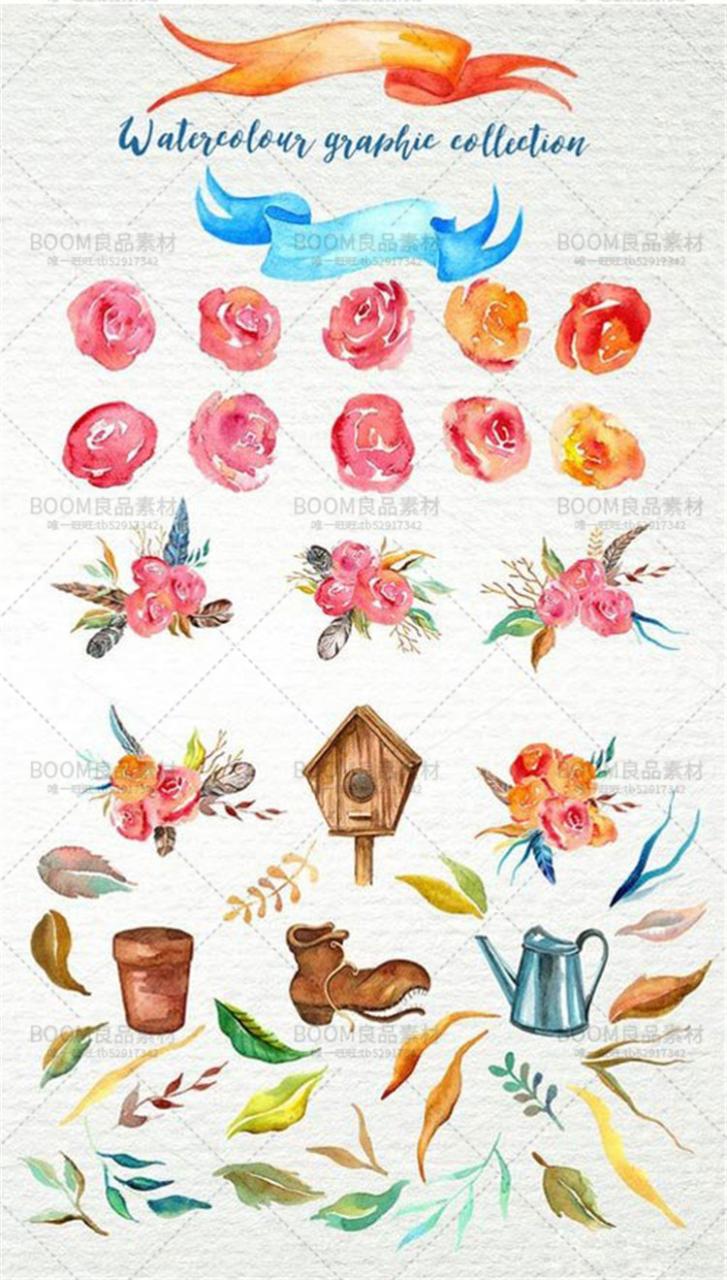 图片[3]-唯美手绘水彩花朵羽毛部落元素邀请卡片印刷图案PNG免抠PS素材-设计猿