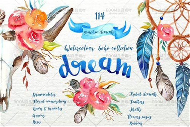 图片[4]-唯美手绘水彩花朵羽毛部落元素邀请卡片印刷图案PNG免抠PS素材-设计猿