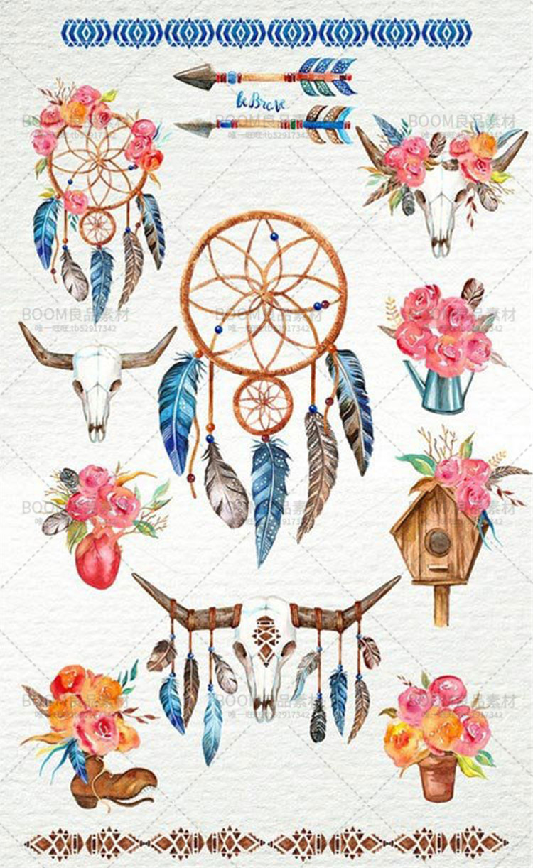 图片[5]-唯美手绘水彩花朵羽毛部落元素邀请卡片印刷图案PNG免抠PS素材-设计猿