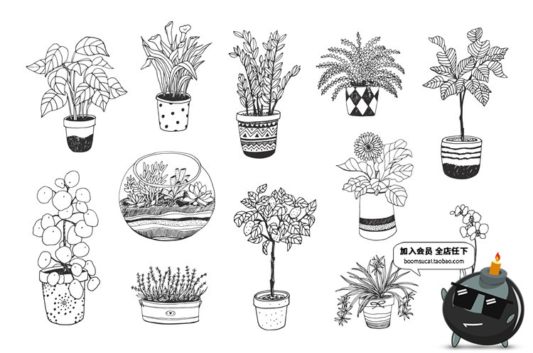 图片[2]-文艺植物绿色黑白线稿仙人掌盆栽水彩手绘手账插画AI矢量素材合集-设计猿