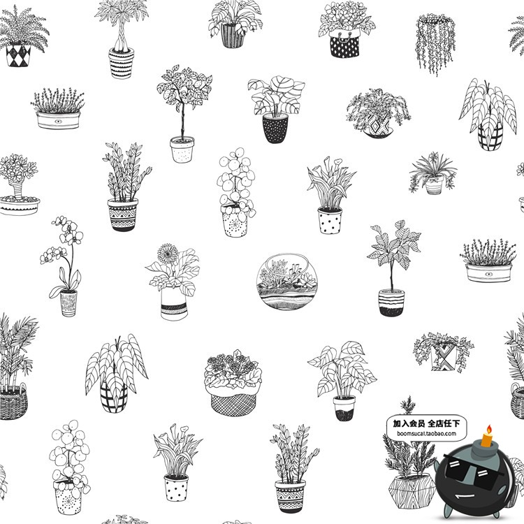 图片[5]-文艺植物绿色黑白线稿仙人掌盆栽水彩手绘手账插画AI矢量素材合集-设计猿