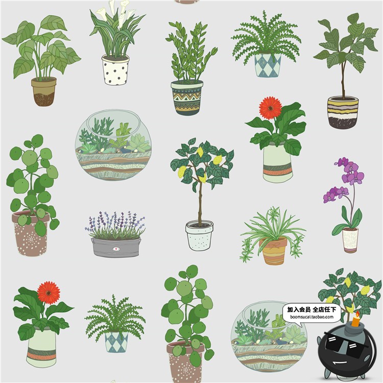 图片[10]-文艺植物绿色黑白线稿仙人掌盆栽水彩手绘手账插画AI矢量素材合集-设计猿