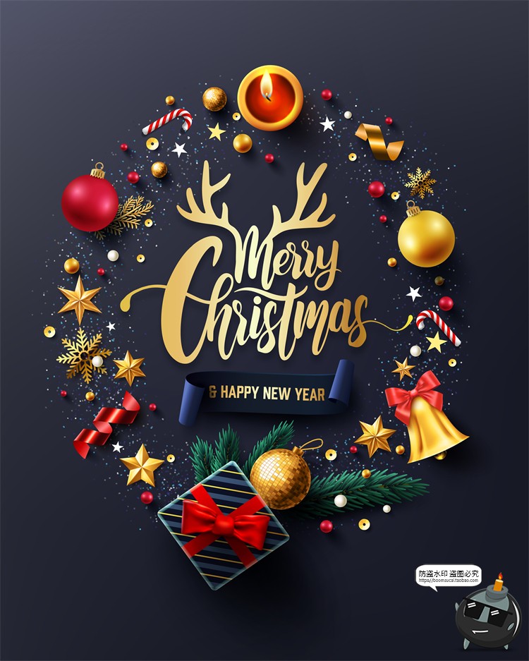 图片[1]-圣诞节轻奢金色金箔装饰圣诞树雪花礼物礼品海报图AI矢量背景素材-设计猿