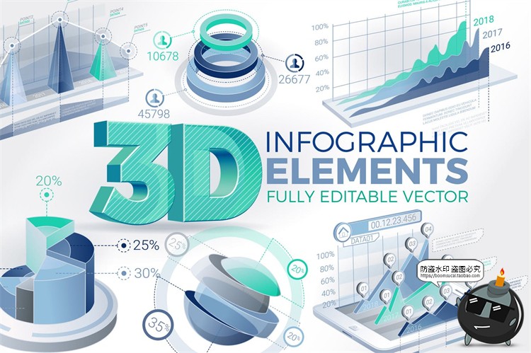 图片[1]-3D立体大数据信息图表数据可视化分析对比百分比元素AI矢量素材-设计猿