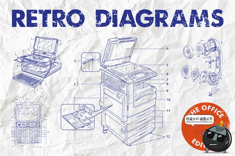 图片[1]-复古设备图解电话传真机打字机投影仪拆解说明线稿AI矢量插画素材-设计猿