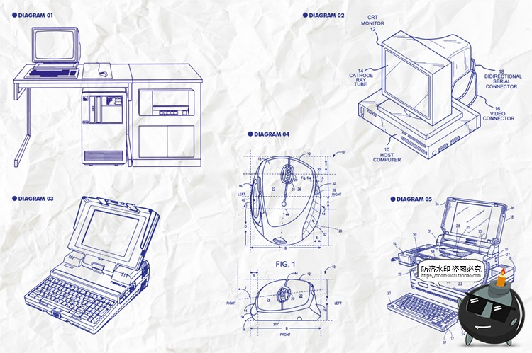 图片[2]-复古设备图解电话传真机打字机投影仪拆解说明线稿AI矢量插画素材-设计猿