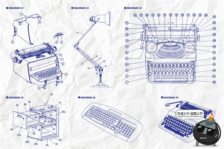 图片[6]-复古设备图解电话传真机打字机投影仪拆解说明线稿AI矢量插画素材-设计猿