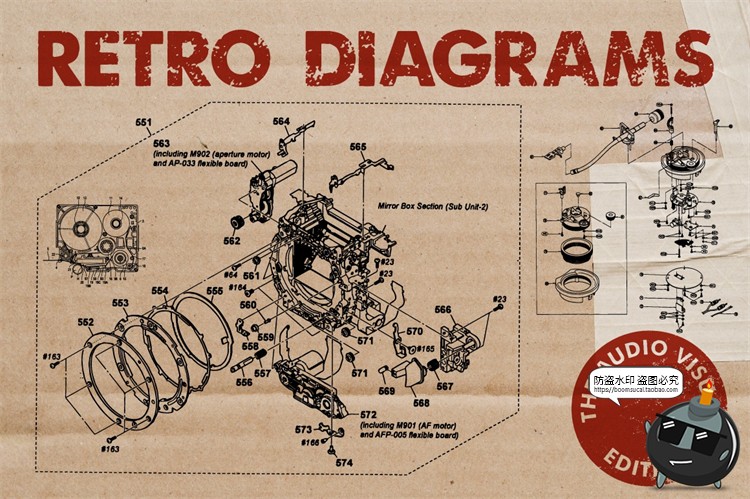 图片[1]-复古数码设备旧磁带电视机摄像机插画装饰拆解说明线稿AI矢量素材-设计猿