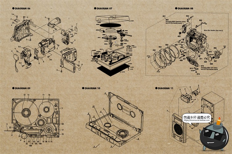 图片[3]-复古数码设备旧磁带电视机摄像机插画装饰拆解说明线稿AI矢量素材-设计猿