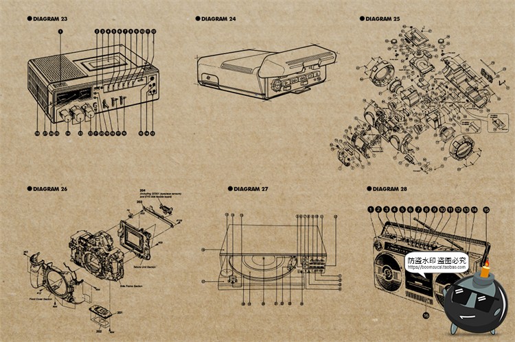 图片[6]-复古数码设备旧磁带电视机摄像机插画装饰拆解说明线稿AI矢量素材-设计猿