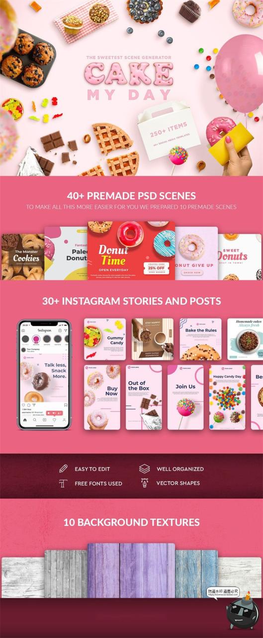 图片[1]-甜品专题 蛋糕下午茶甜甜圈零食饼背景场景装饰元素PSD模板PS素材-设计猿