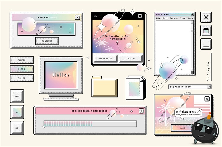 图片[1]-复古旧计算机电脑窗口创意彩色蒸汽波风格元素PNG免抠AI矢量素材-设计猿