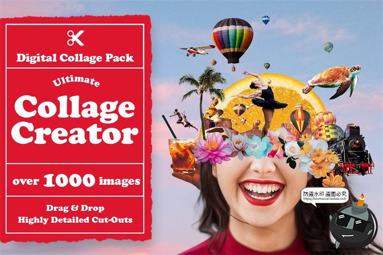 图片[1]-欧美风潮流创意复古人物建筑植物动物剪纸剪贴画拼贴PNG免抠素材-设计猿