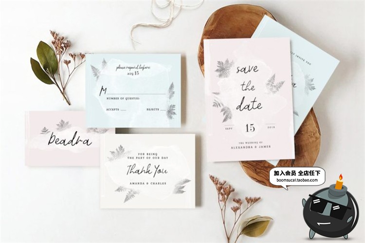 图片[1]-水彩画淡雅风格婚礼请柬请帖邀请函英文卡片PSD设计物料模板素材-设计猿