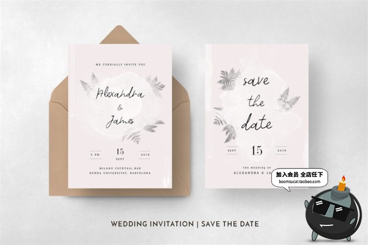 图片[3]-水彩画淡雅风格婚礼请柬请帖邀请函英文卡片PSD设计物料模板素材-设计猿