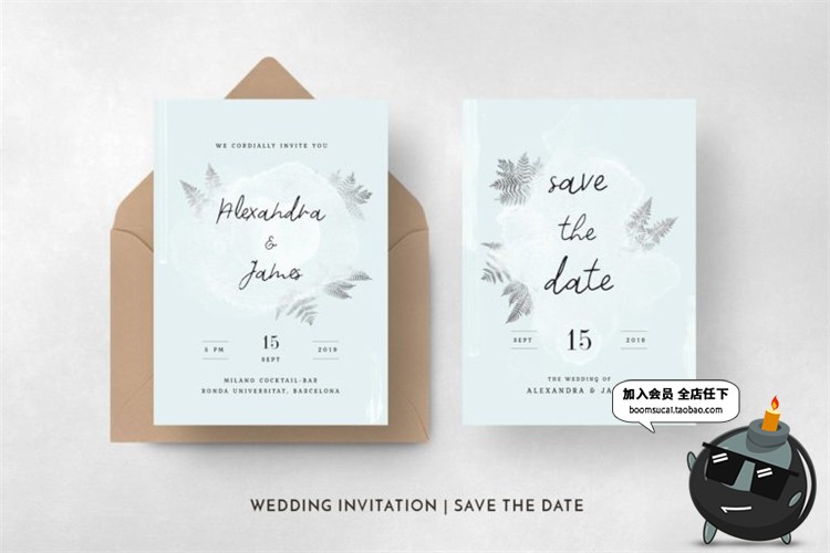 图片[4]-水彩画淡雅风格婚礼请柬请帖邀请函英文卡片PSD设计物料模板素材-设计猿