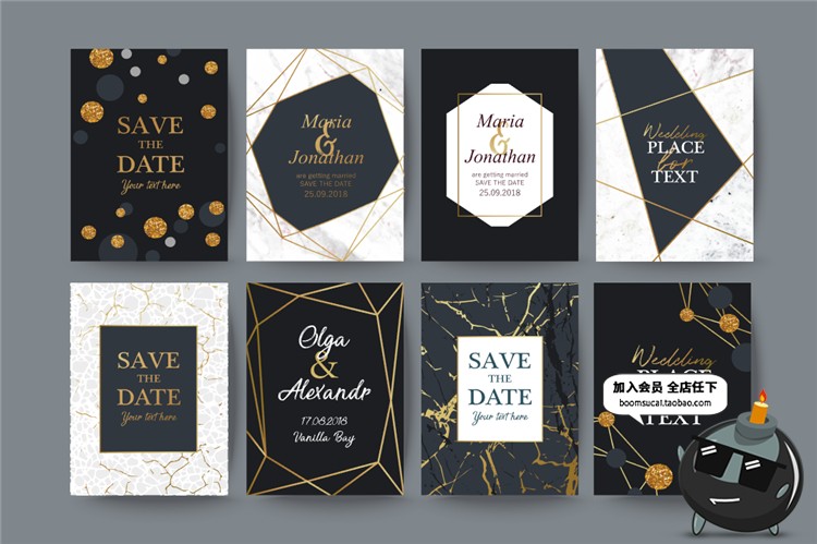 图片[1]-黑金叶子花朵线条大理石纹理轻奢邀请函请柬卡片AI矢量设计素材-设计猿