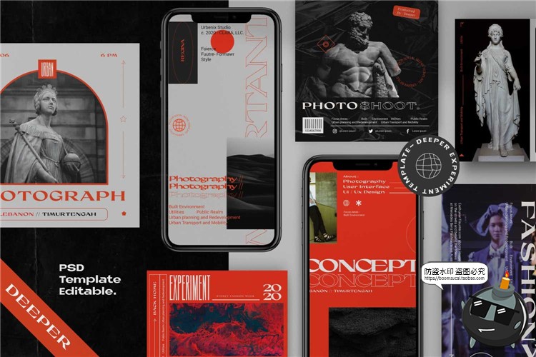 图片[1]-适合雕塑建筑物体复古潮流品牌故事海报图文排版PSD模板PS素材-设计猿