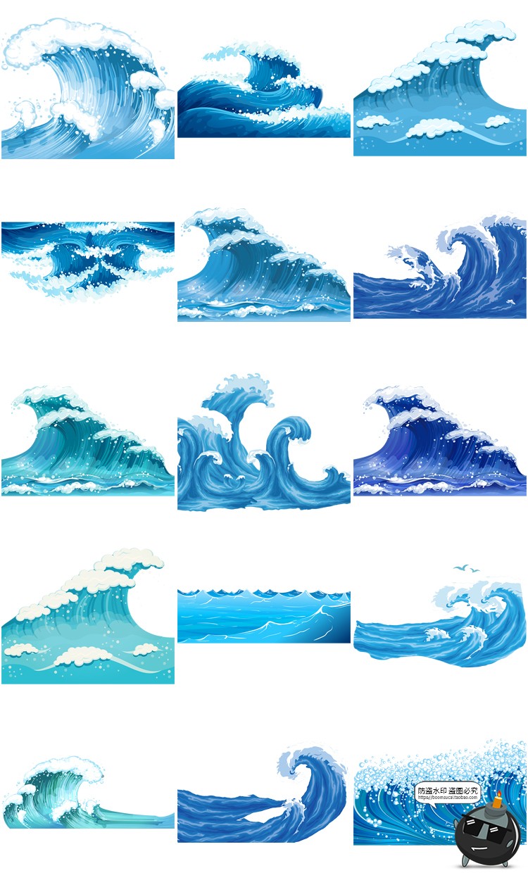 图片[1]-卡通手绘蓝色大海海洋海浪浪花波浪海水水花波纹背景PNG免抠素材-设计猿