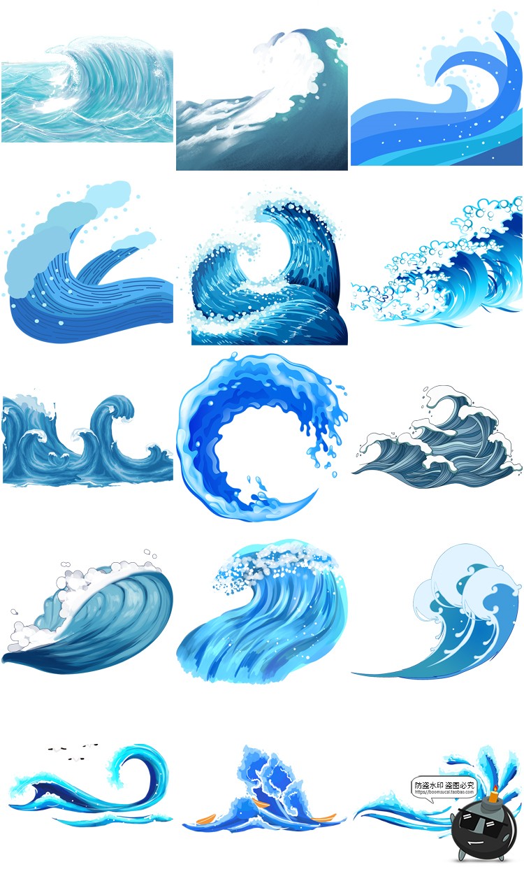 图片[3]-卡通手绘蓝色大海海洋海浪浪花波浪海水水花波纹背景PNG免抠素材-设计猿