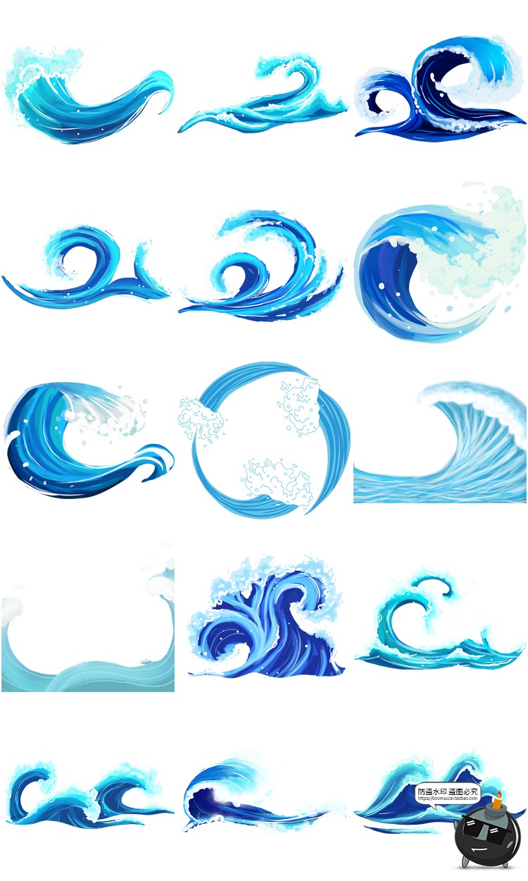 图片[4]-卡通手绘蓝色大海海洋海浪浪花波浪海水水花波纹背景PNG免抠素材-设计猿