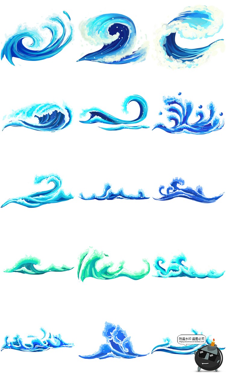 图片[5]-卡通手绘蓝色大海海洋海浪浪花波浪海水水花波纹背景PNG免抠素材-设计猿